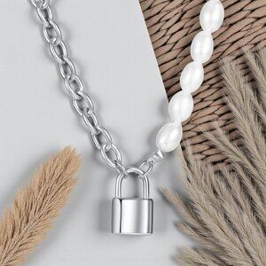 18K White Gold Plated Chain Necklace with Padlock Charm & Freshwater Pearls
